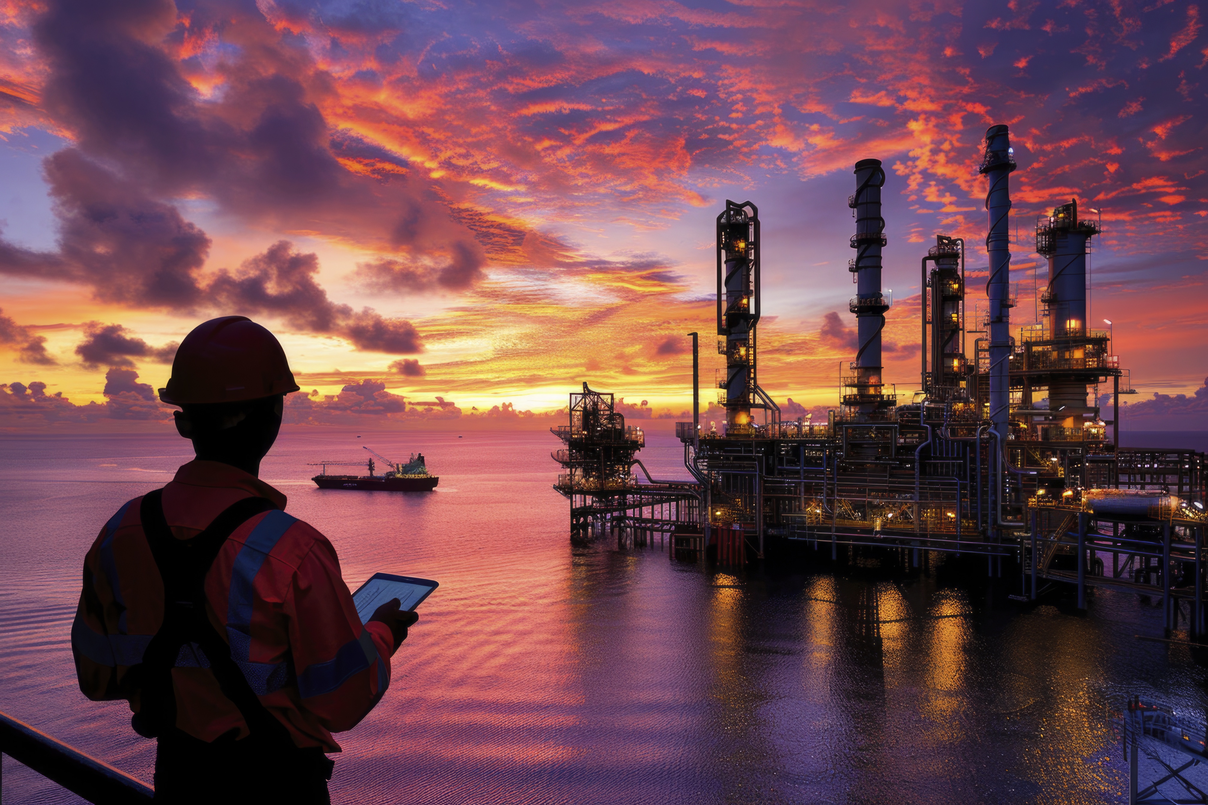 Professional engineer in safety gear with tablet overlooking offshore oil and gas platform at sunset